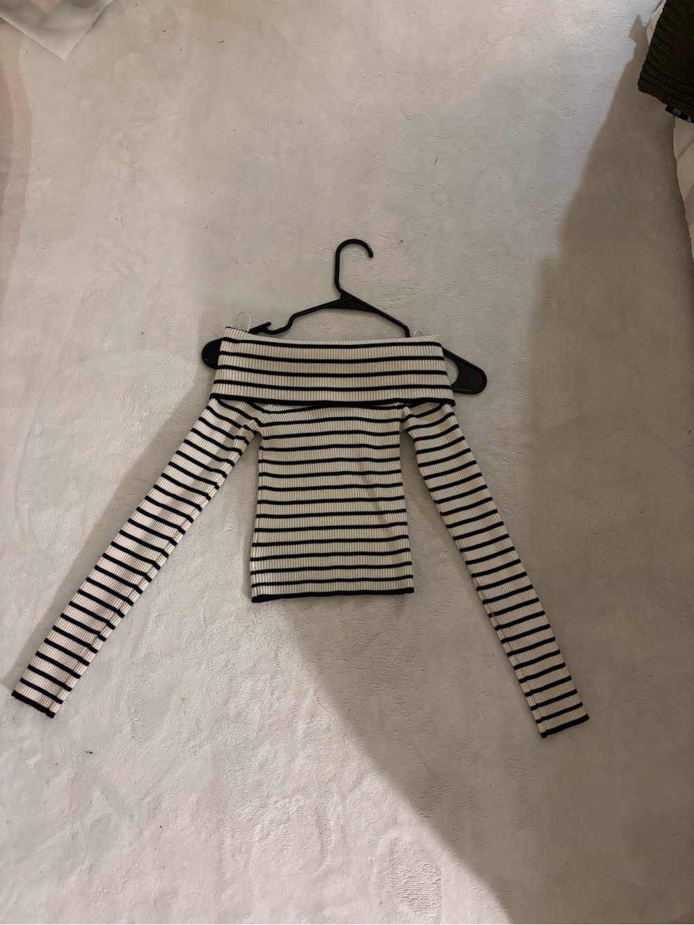 Bershka Ribbed Off-Shoulder Striped Top - Cream and Black